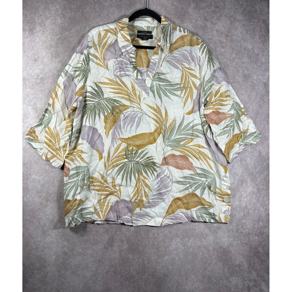 Tahari Top Womens 1X Multicolor Tropical Palm Leaf Linen V-Neck Button Side Boho